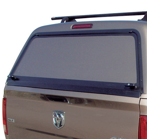 painted panel rear window on an ATC truck cap on a grey dodge ram 1500